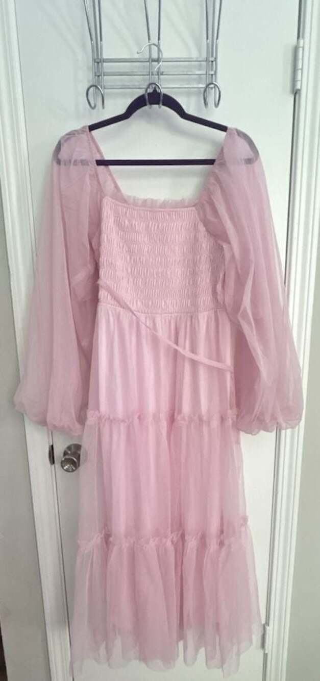 Listicle Pink Mesh Tiered Long Sleeve Maternity Maxi Dress